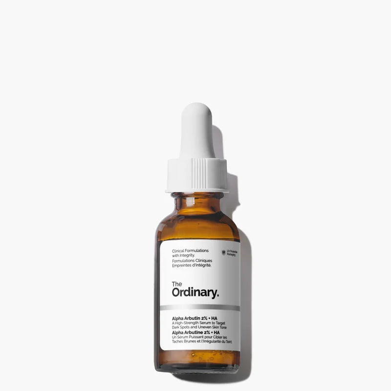 The Ordinary Alpha Arbutin 2% + HA 30ml bottle for high-strength dark spots and hyperpigmentation treatment - Official US Edition.