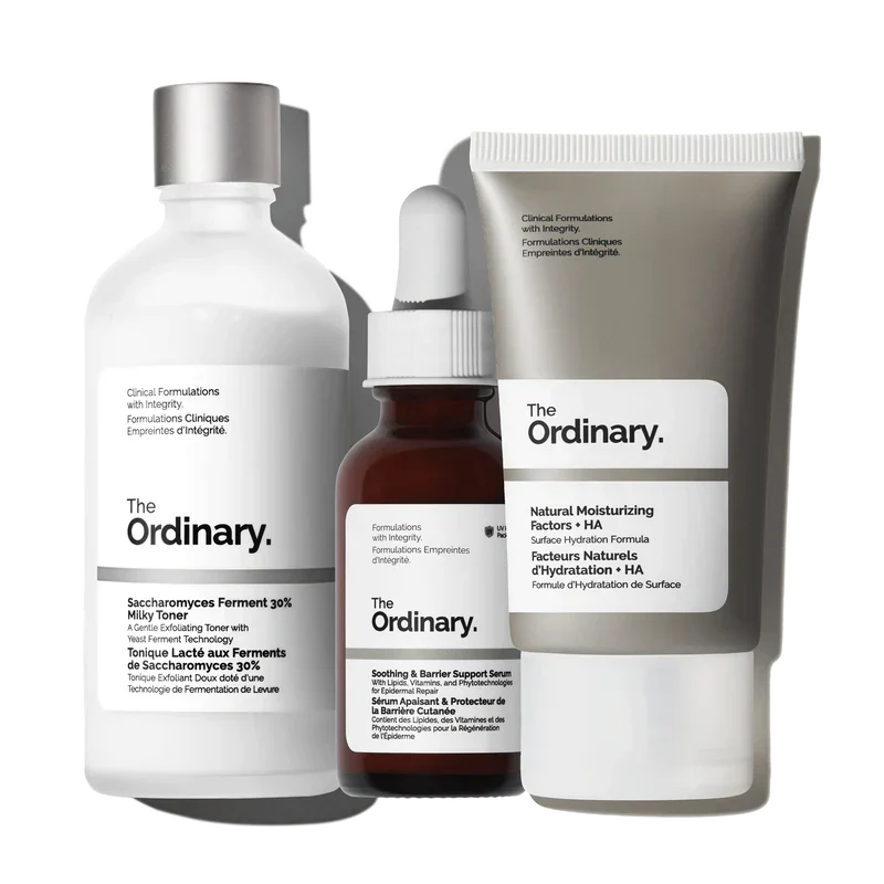 The Ordinary The Sensitive Skin Collection 3-piece complete routine for calming and barrier repair including Milky Toner, Pink Serum, and NMF Moisturizer - Official US Edition.