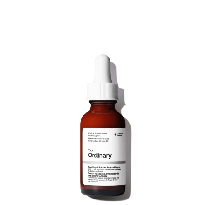 The Ordinary Soothing & Barrier Support Serum 30mL bottle showing the naturally vibrant pink color for advanced barrier repair - Official US Edition.