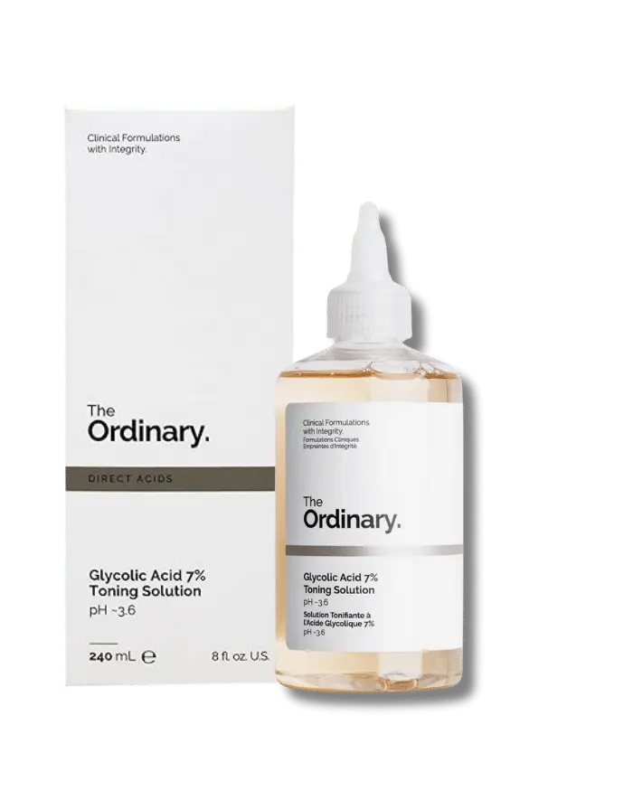 The Ordinary Glycolic Acid 7% Exfoliating Toner 240ml bottle with nozzle for advanced daily chemical resurfacing - Official US Edition.