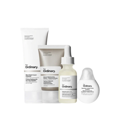 The Ordinary The Hydration Collection 4-step complete routine for barrier repair and plumping including Cleanser, HA Serum, NMF, and Squalane - Official US Edition.