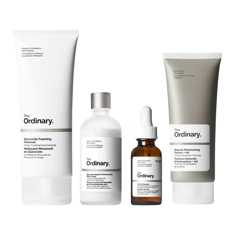 The Ordinary The Refine & Regenerate Collection 4-step complete routine for texture and renewal including Cleanser, Saccharomyces Toner, GF Solution, and NMF - Official US Edition.