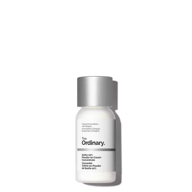The Ordinary Sulfur 10% Powder to Cream Concentrate 15g jar showing the fine powder texture for fast-acting acne treatment - Official US Edition.