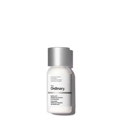 The Ordinary Sulfur 10% Powder to Cream Concentrate 15g jar showing the fine powder texture for fast-acting acne treatment - Official US Edition.