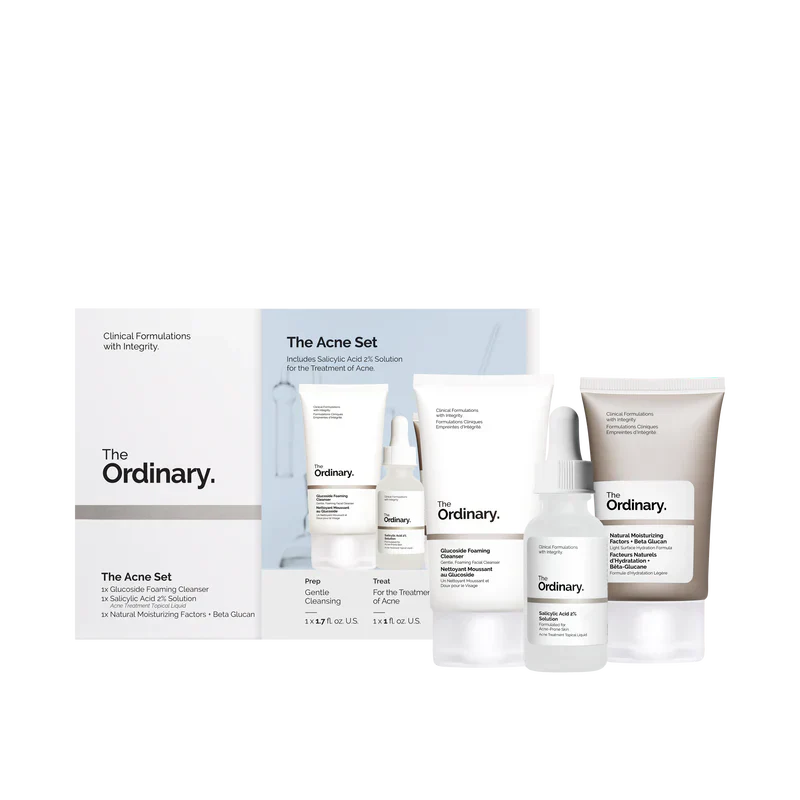 The Ordinary The Acne Set 3-step regimen for clear skin including Glucoside Cleanser, Salicylic Acid 2%, and NMF + Beta Glucan - Official US Edition.