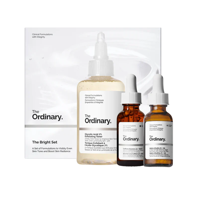 The Ordinary The Bright Set 3-piece routine for radiance and bright eyes including Glycolic Toner, Alpha Arbutin, and Caffeine Solution - Official US Edition.