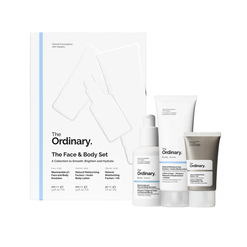 The Ordinary The Face & Body Set 3-piece complete routine for dark spots, even tone, and full-body hydration including Niacinamide, Squalane, and NMF Body Lotion - Official US Edition.