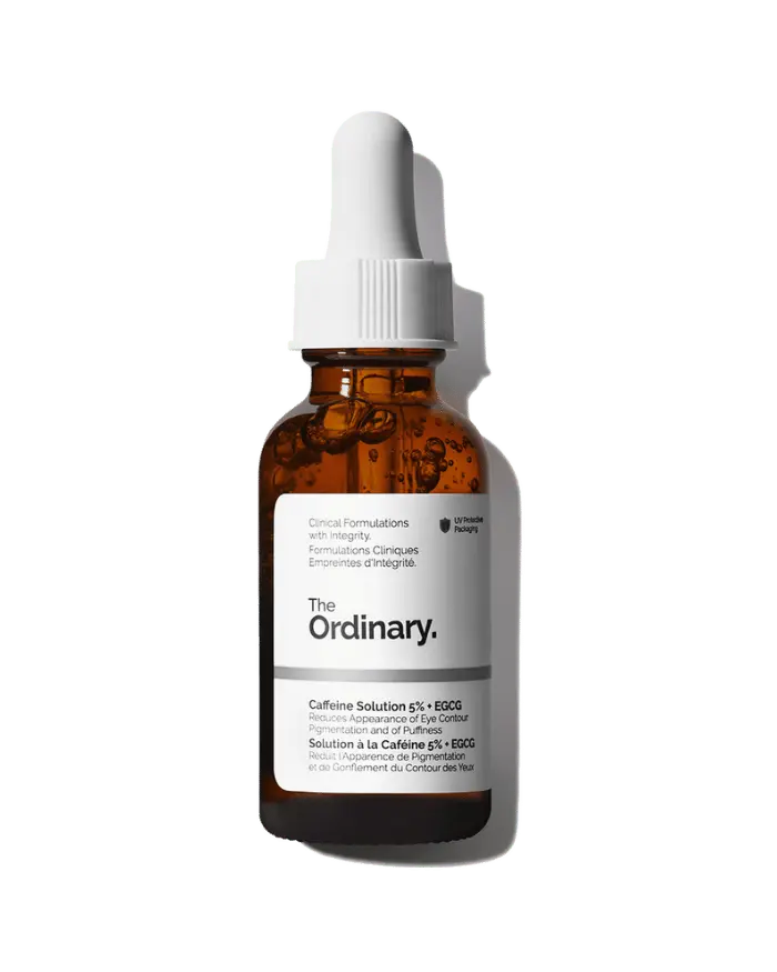 The Ordinary Caffeine Solution 5% + EGCG 30ml amber bottle for targeted eye depuffing and brightening treatment - Official US Edition.