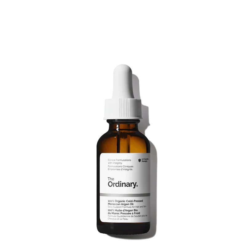 The Ordinary 100% Organic Cold-Pressed Moroccan Argan Oil 30ml bottle for multi-tasking hydration - Official US Edition.