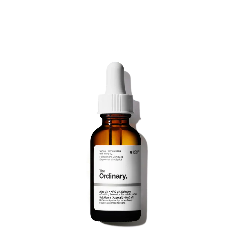 The Ordinary Aloe 2% + NAG 2% Solution 30ml bottle for post-acne marks, redness, and texture treatment - Official US Edition.