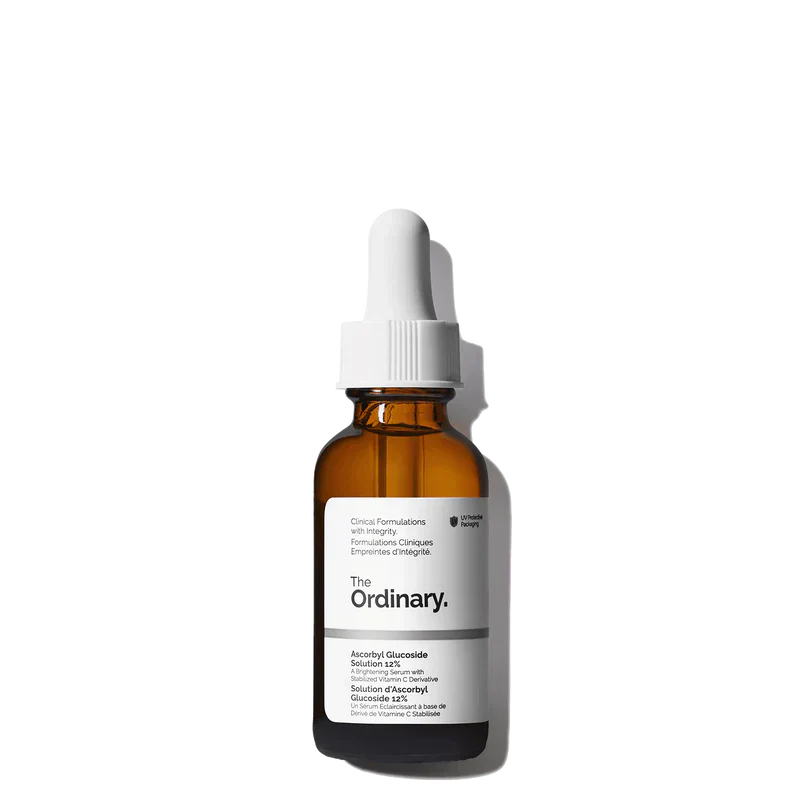 The Ordinary Ascorbyl Glucoside Solution 12% 30ml bottle for stable, low-irritation brightening and antioxidant support - Official US Edition.