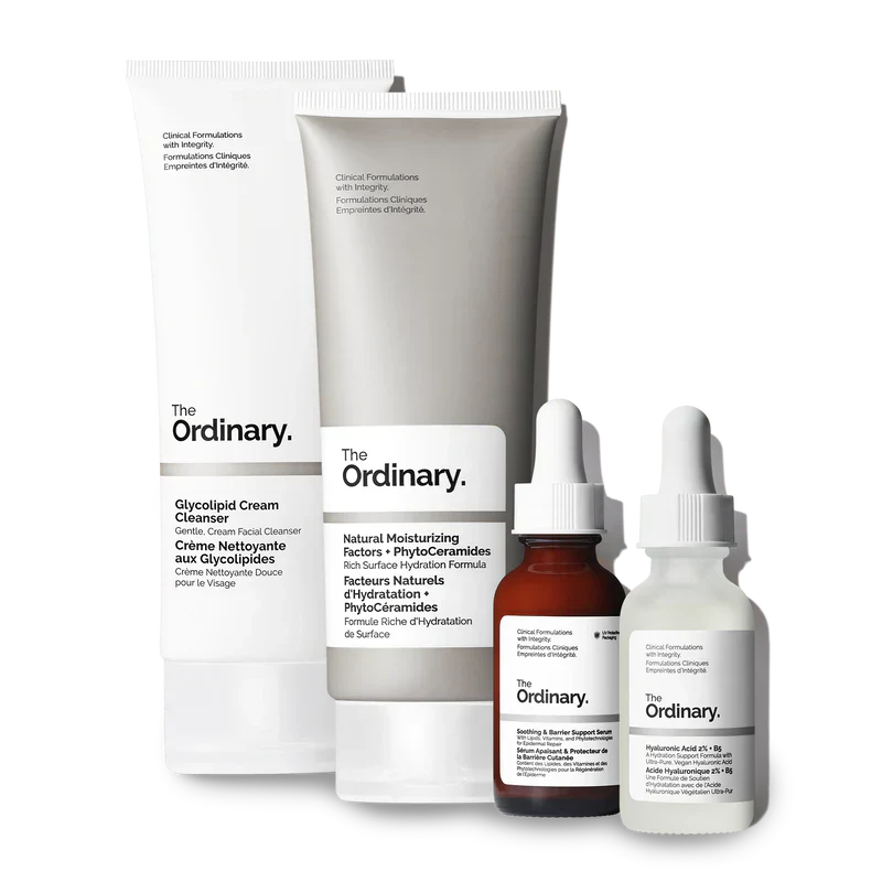 The Ordinary The Barrier Support Collection 4-step regimen for skin SOS and recovery including Pink Serum, Squalane Cleanser, NMF, and Squalane - Official US Edition.
