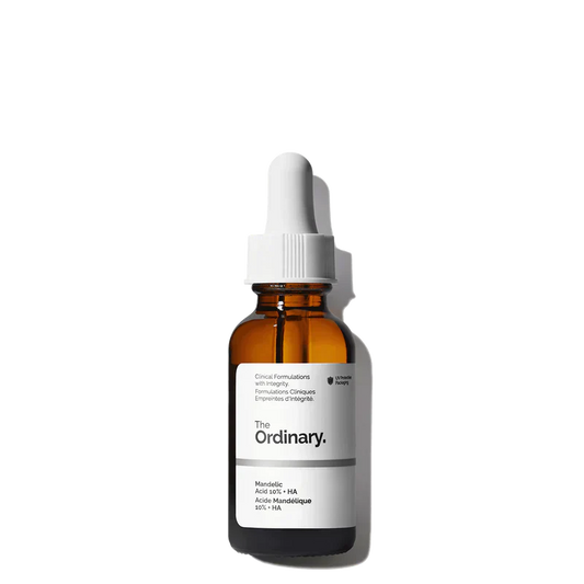 The Ordinary Mandelic Acid 10% + HA 30ml bottle for ultra-gentle surface exfoliation and hydration - Official US Edition.