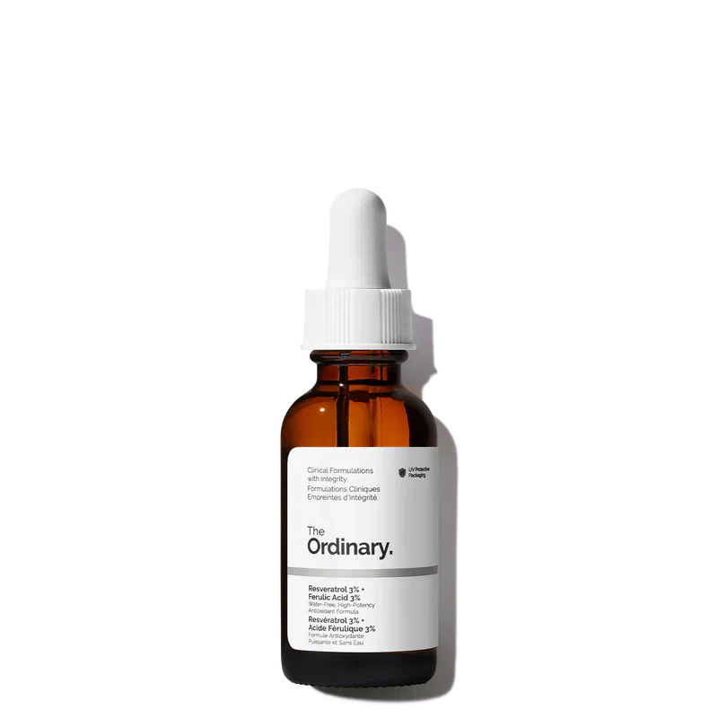 The Ordinary Resveratrol 3% + Ferulic Acid 3% 30mL bottle for high-potency antioxidant protection and intensive radiance - Official US Edition.