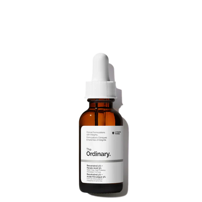 The Ordinary Resveratrol 3% + Ferulic Acid 3% 30mL bottle for high-potency antioxidant protection and intensive radiance - Official US Edition.