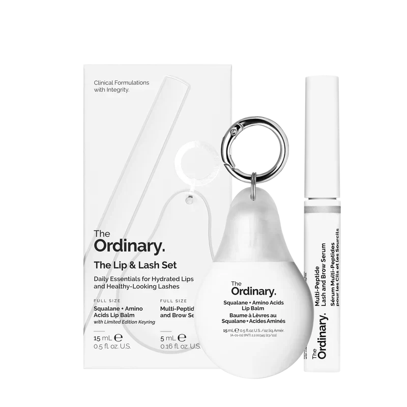 The Ordinary The Lip & Lash Set targeted duo including Multi-Peptide Lash & Brow Serum and Squalane + Amino Acids Lip Balm - Official US Edition.